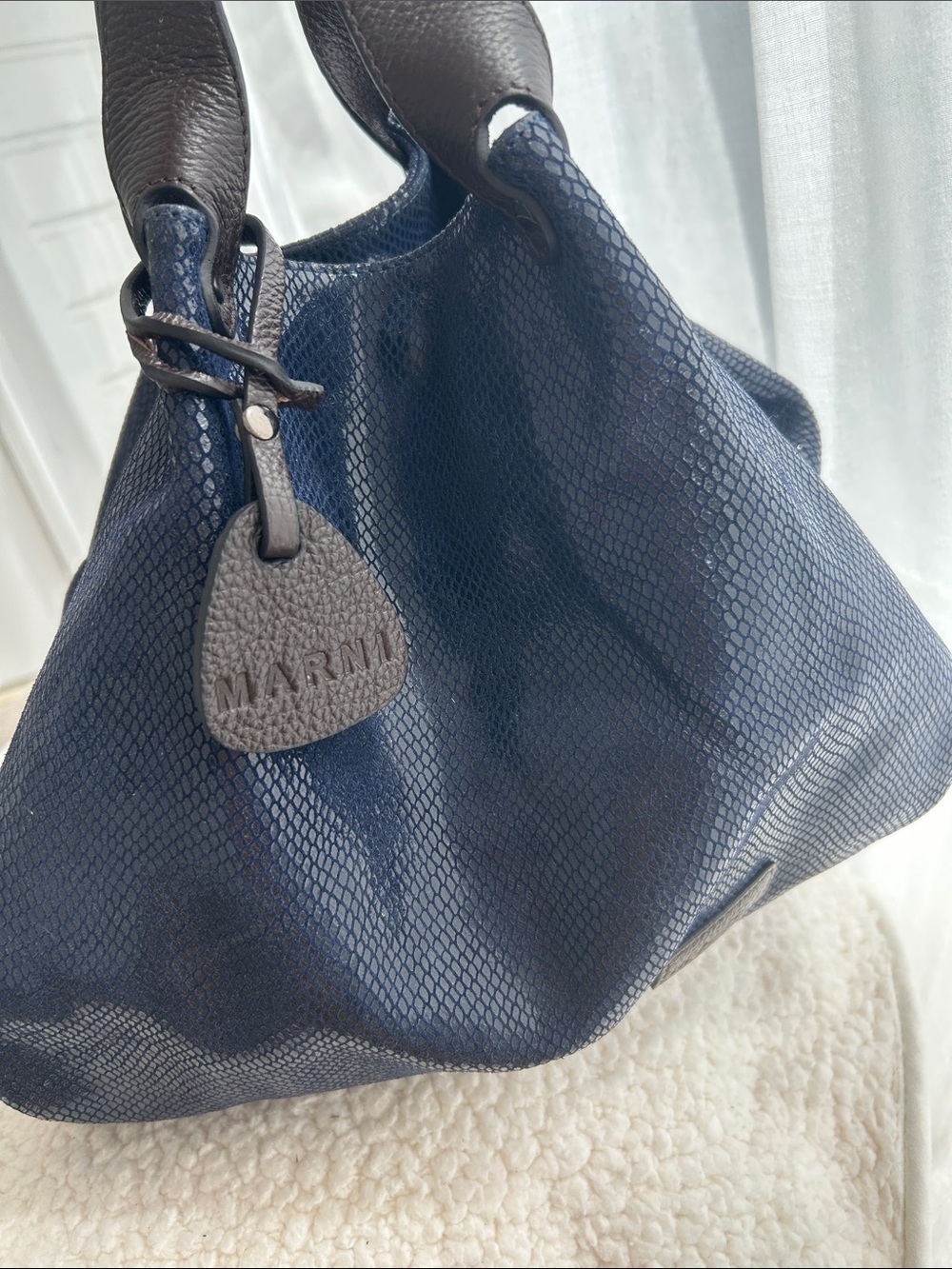 Marni Navy Textured Hobo with Dark Brown Handles